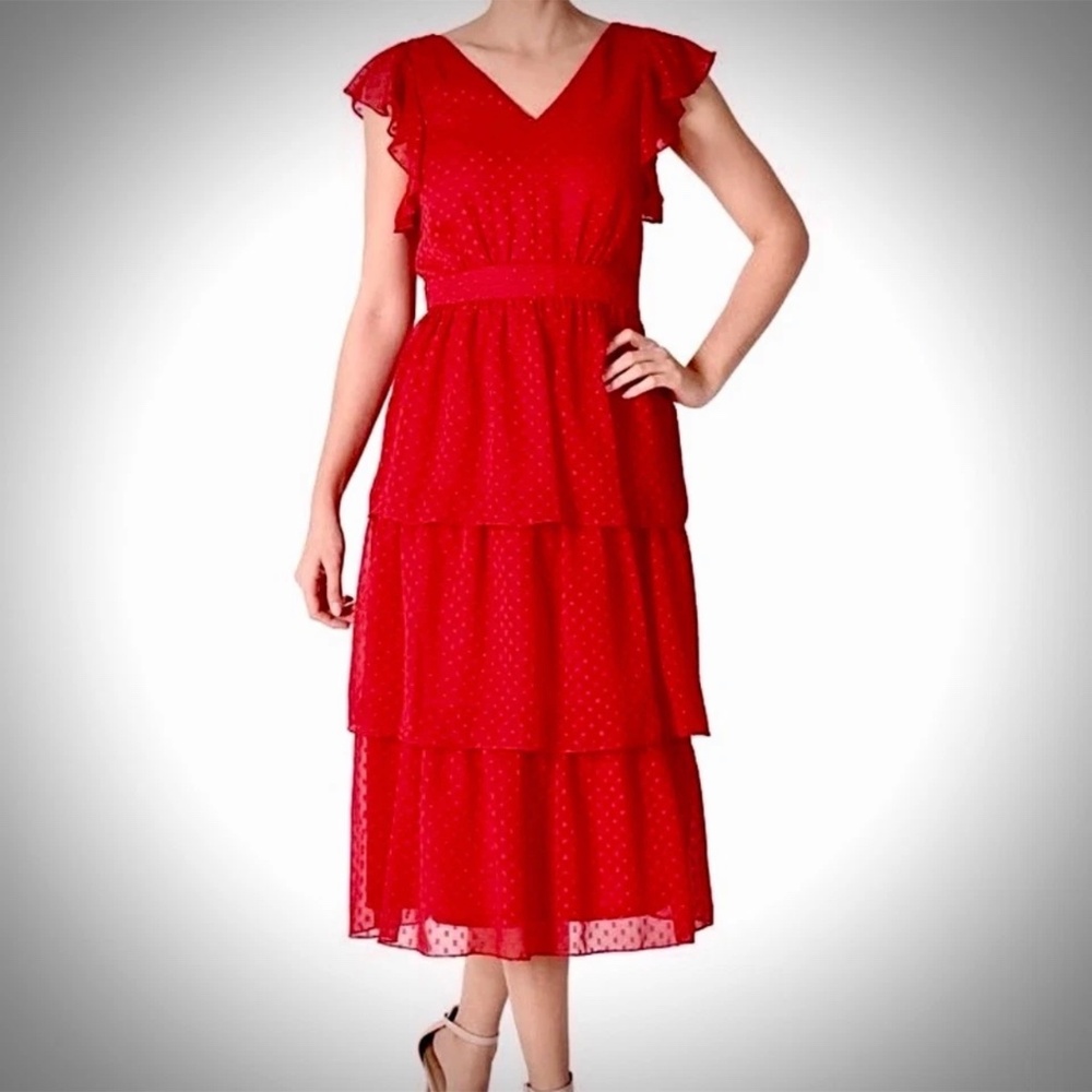 JULIA JORDAN~BNWT~Red Clip Dot V-Neck Tiered Chiffon Midi Dress~Size 2 SKU147